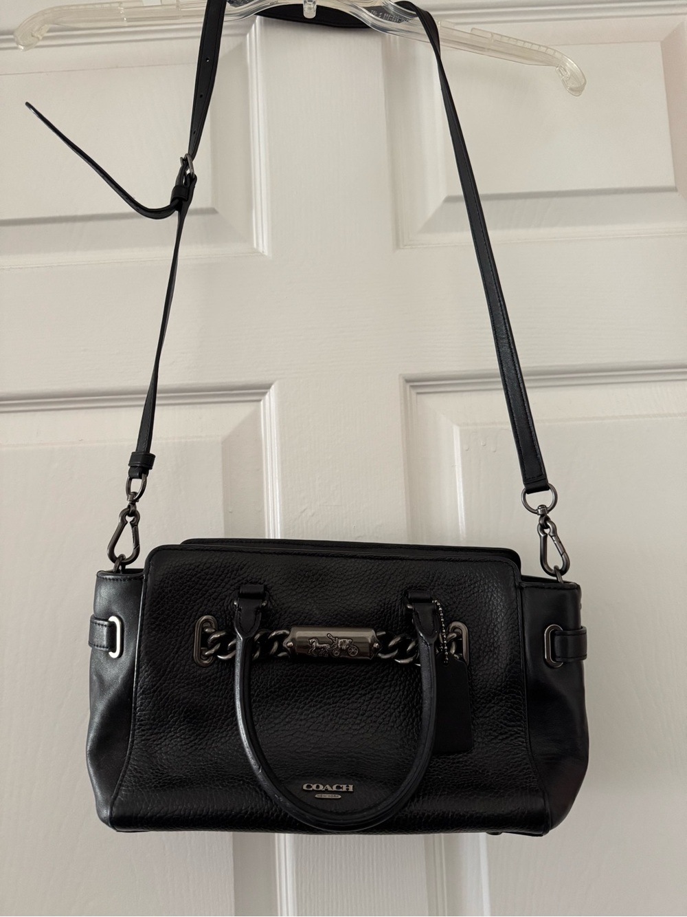 Coach Black Pebbled Leather Satchel with Chain Accent - Picture 2 of 4